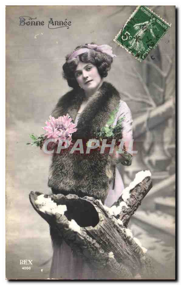 Frau in Pelz mit Blume — Frohe Neujahr — REX 4000