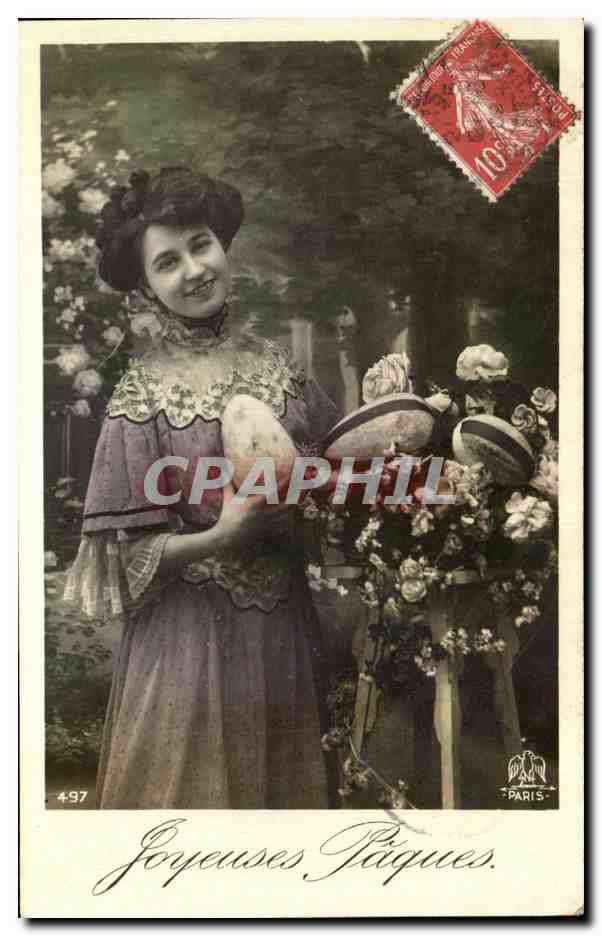 CPA Fantaisie Femme oeufs Paques 