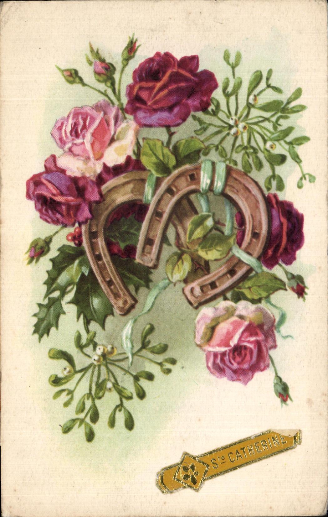 CPA Fantaisie Fleurs Fer a cheval Ste Catherine 