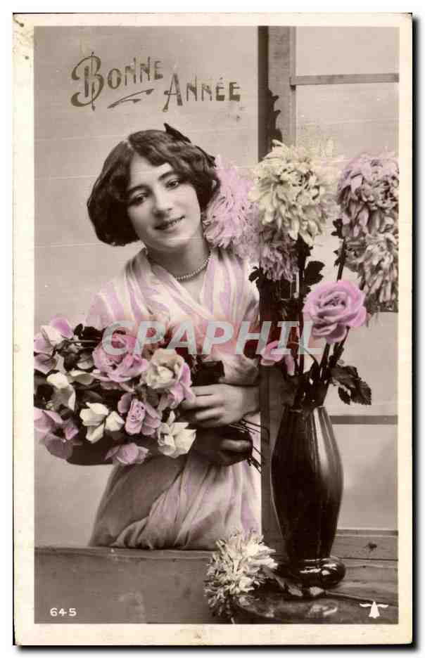 CPA Fantaisie Femme Fleurs Bonne Annee