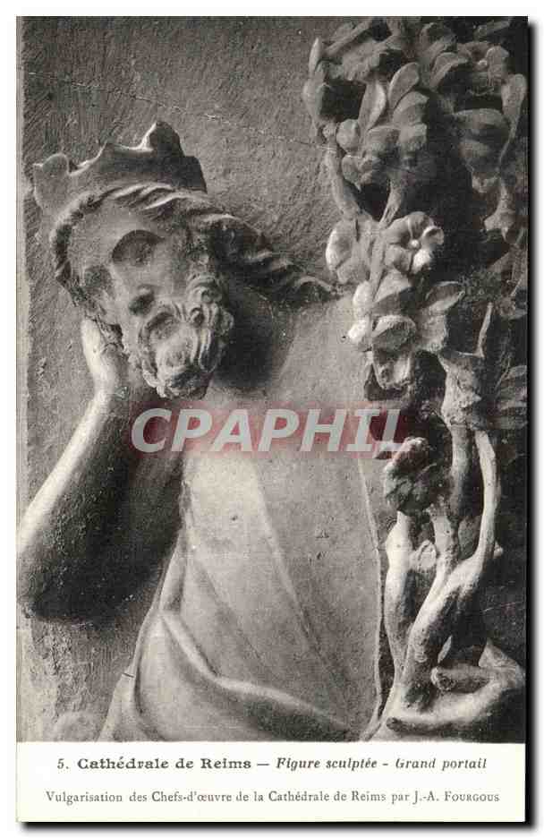 CPA Cathedrale De Reims Figure Sculptee Grand Portail