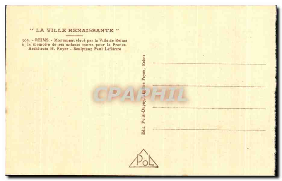 CPA La Ville Renaissante Reims Moument eleve par la Ville de Reims — Verso