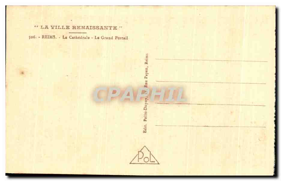 Reims - La Cathédrale - Le Grand Portail — Éditeur Politi-Dupay, Reims, n° 506 — Verso