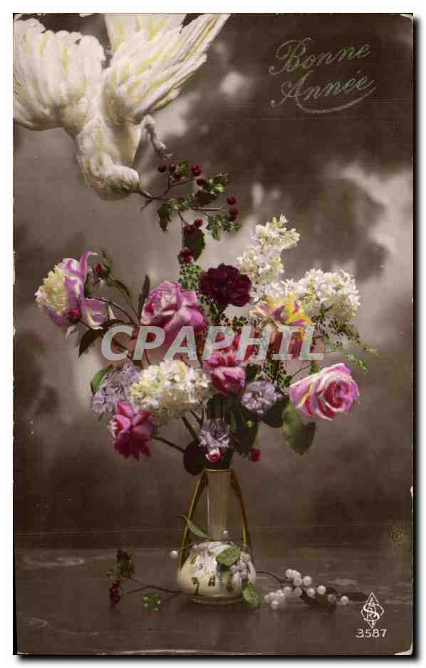 CPA Fantaisie Fleurs onne Annee Colombe