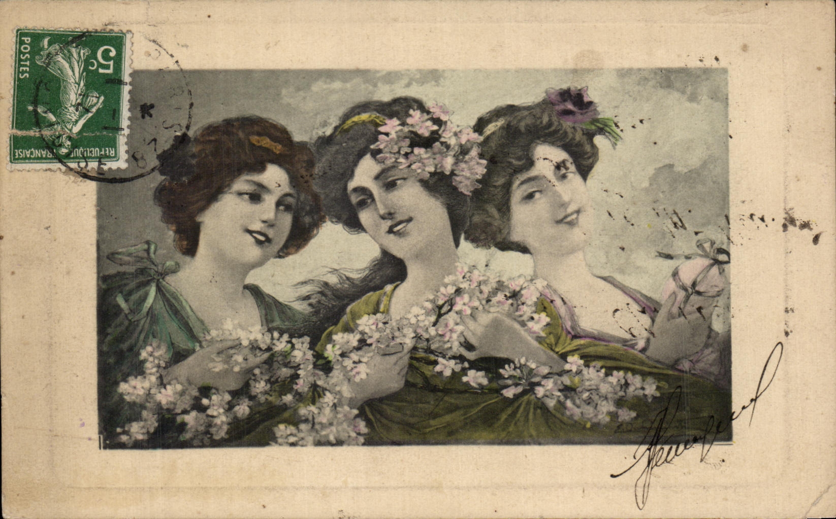 Trois jeunes femmes avec fleurs — série 7037 — Paris Déposé