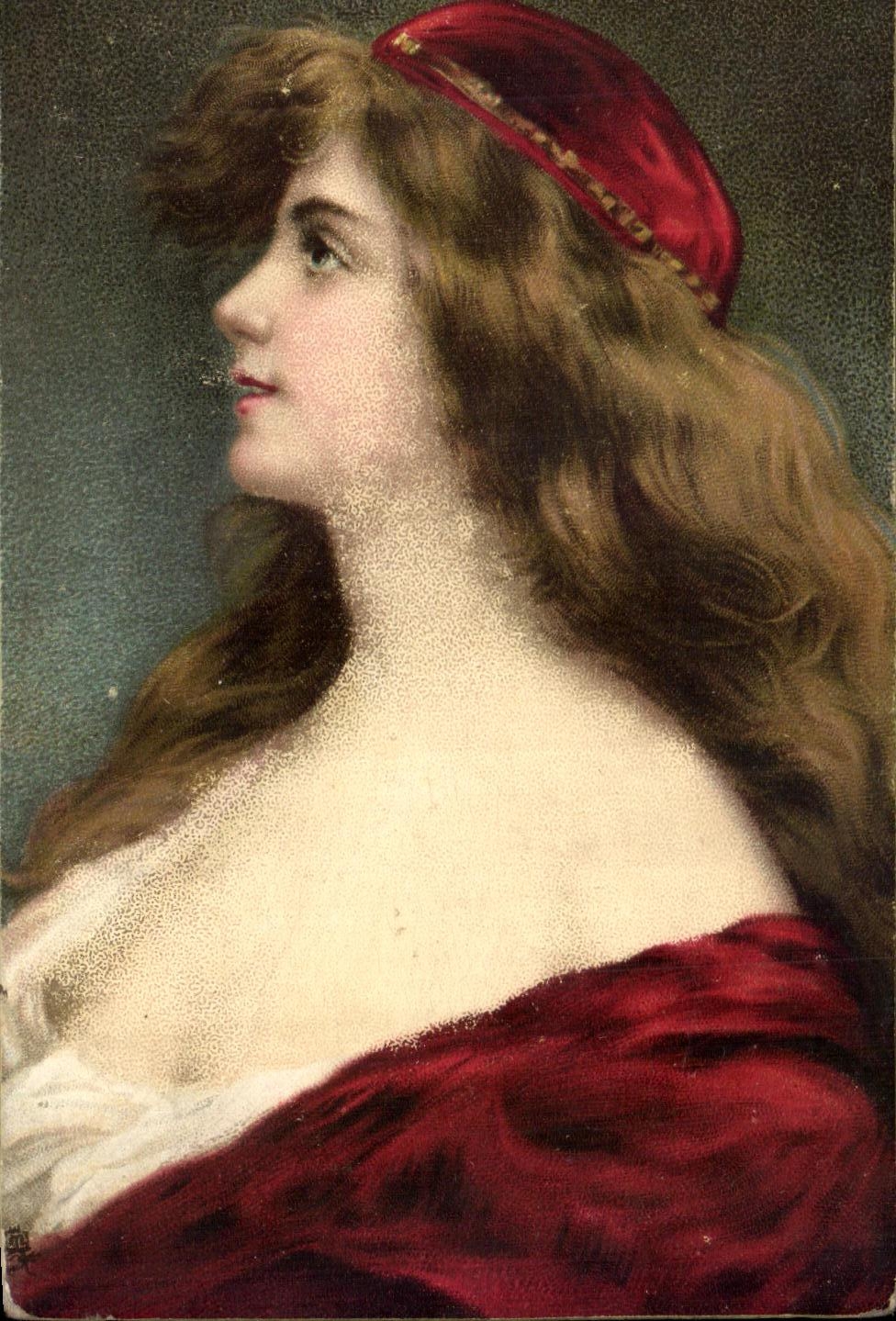 Jeune femme en profil — coiffée d'un bonnet rouge — éditeur Raphael Tuck & Sons, série 840