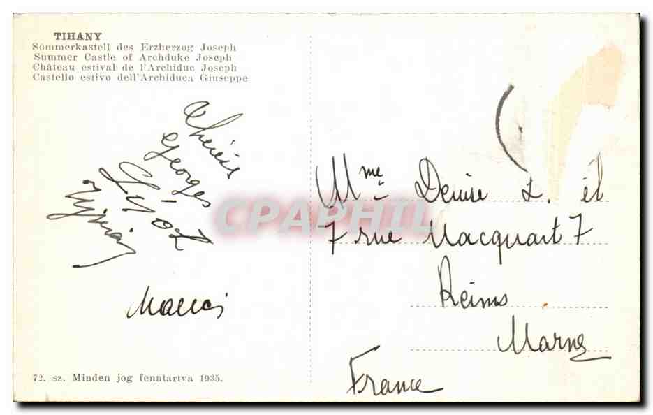 Tihany — Château d'été de l'archiduc Joseph — édition Minden jog 1935, n°72 — Back