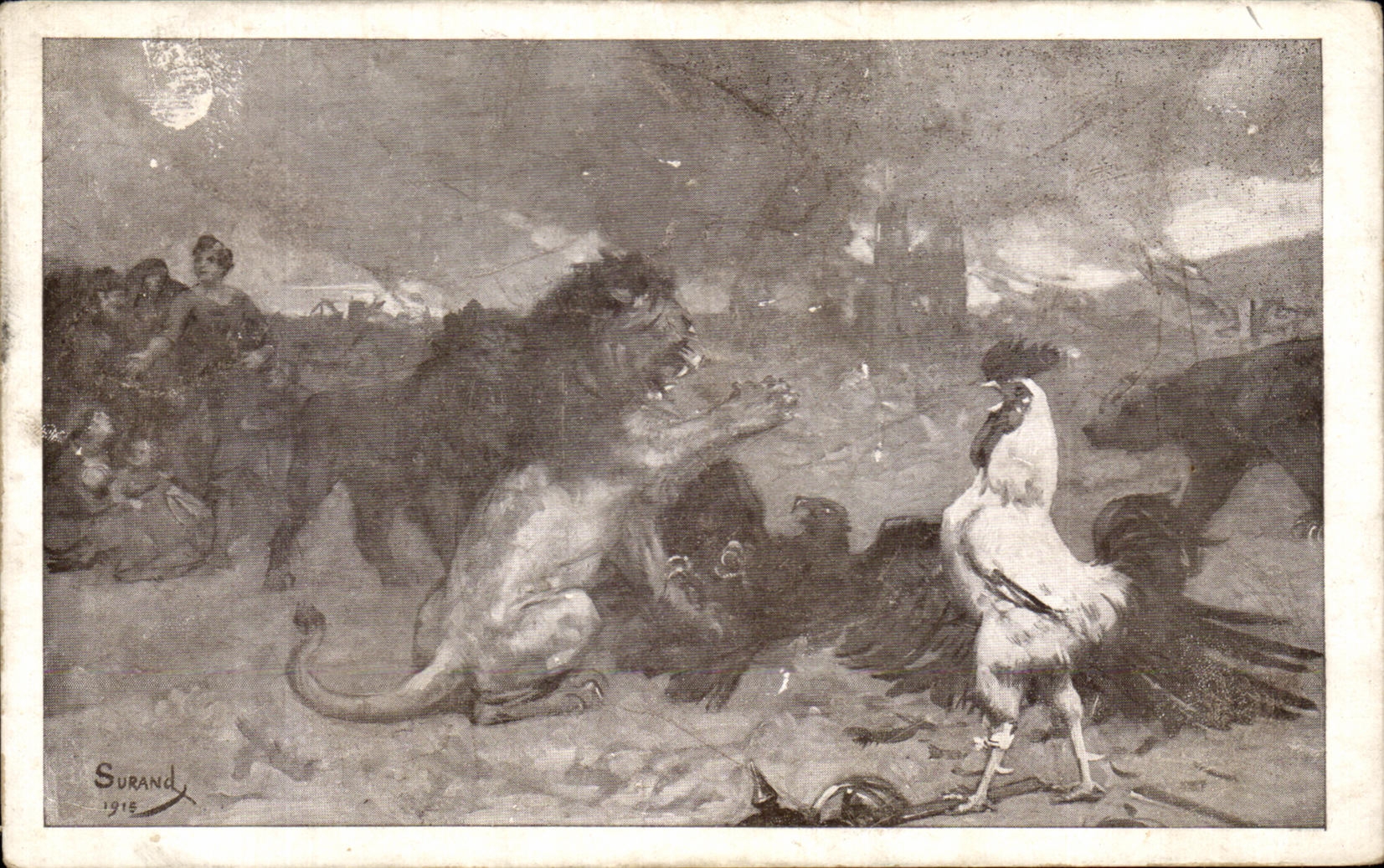 CPA Lion et aigle Coq Militaria 