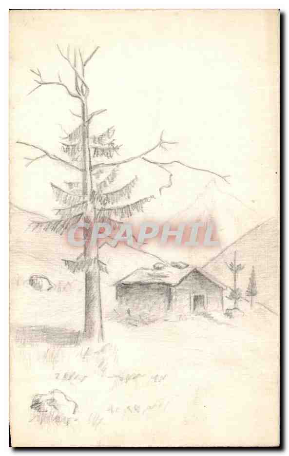 CPA dessin a la main paysage de montagne 