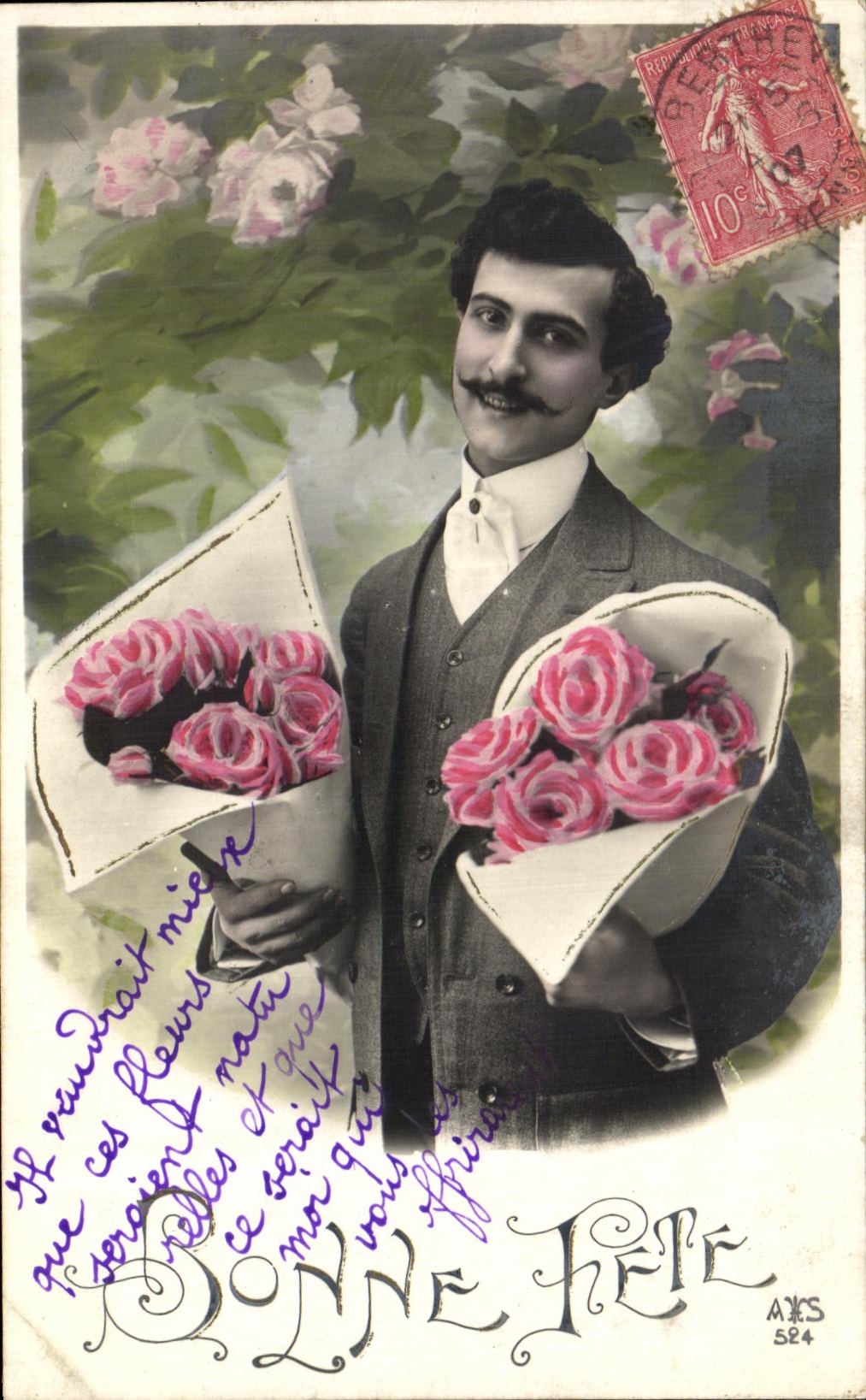 CPA Fantaisie Homme Fleurs 