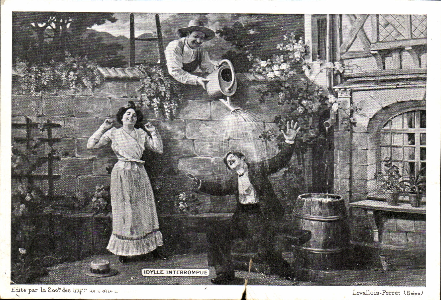 CPA Fantaisie Idylle interrompue Publicite Imprimeries levallois Perret Rue Fazillau 