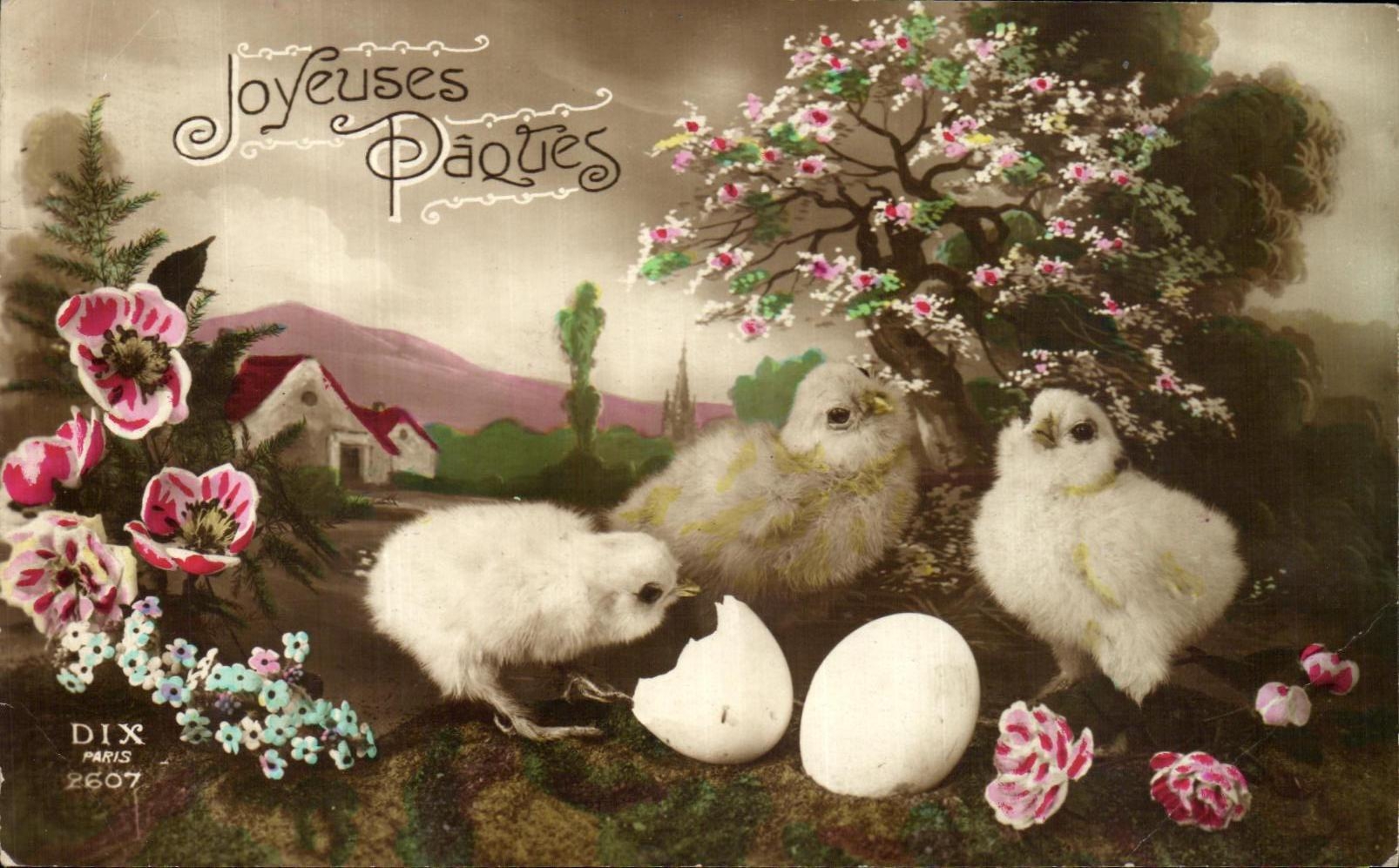 CPA Fantaisie Paques oeufs Poussins 