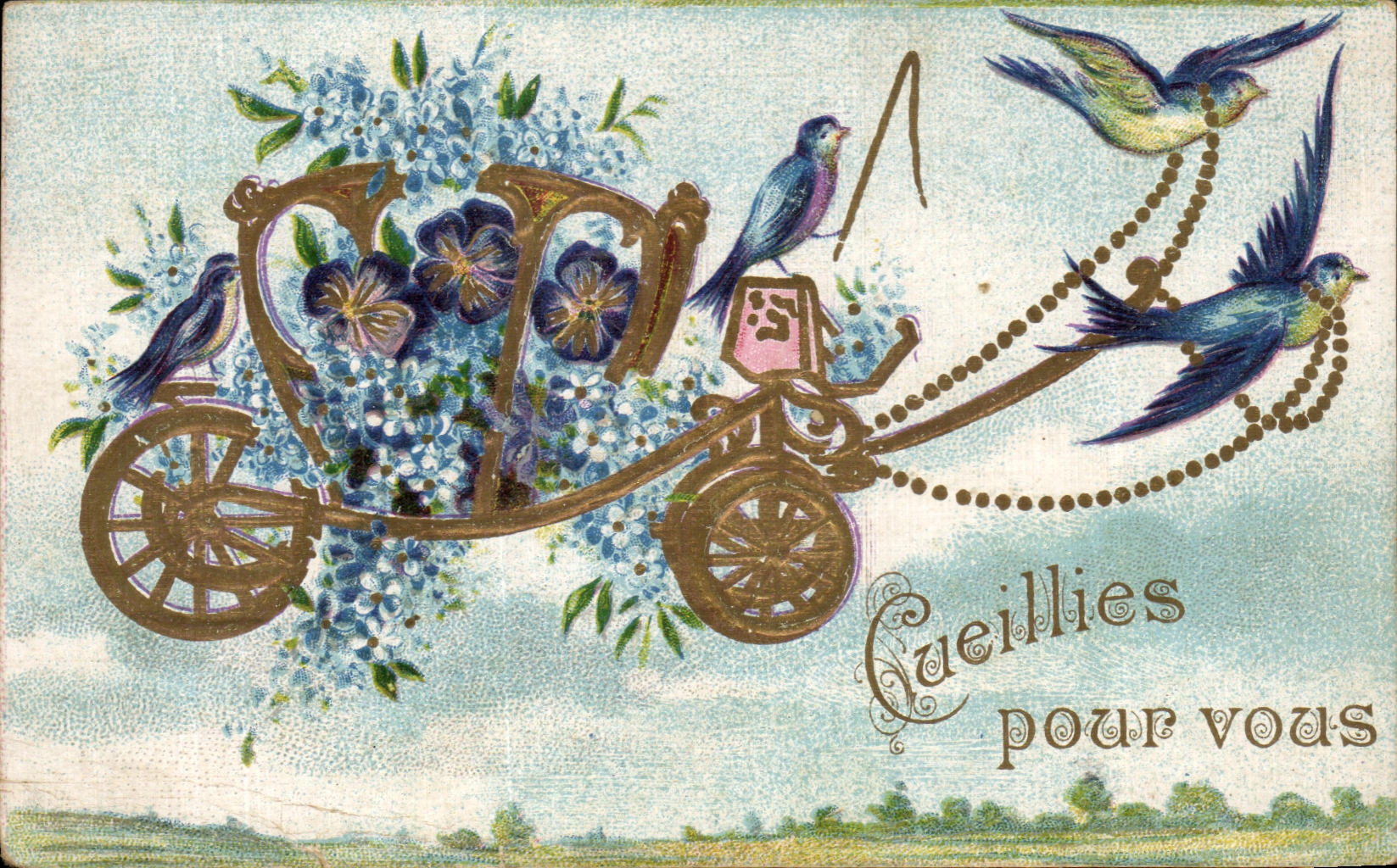 CPA Fantaisie Fleurs Hirondelles oiseaux 