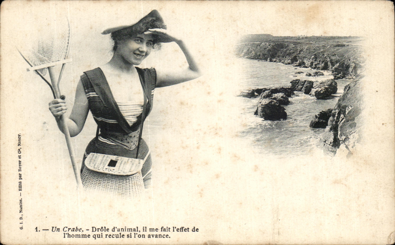 Una mujer en traje de baño — con texto humorístico — editada por G. I. D. Nuanlès, Nancy, n°1