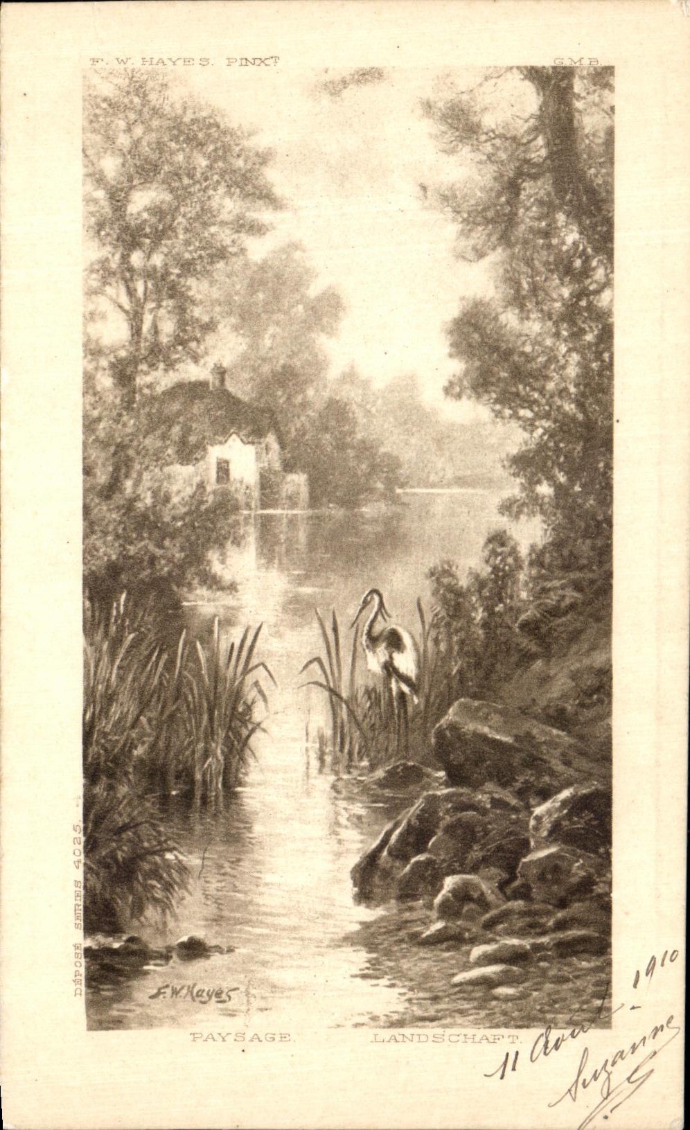 CPA Fantaisie Paysage Heron oiseau 