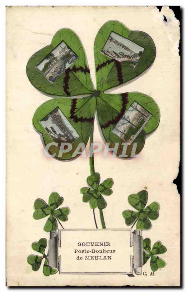 CPA Fantaisie Souvenir Porte bonheur de Meulan Trefle