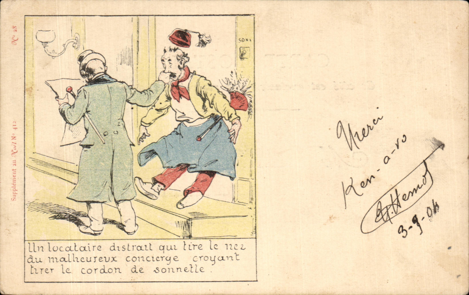 Un locataire distrat qui tire le nez du malheureux concierge croyant tirer le cordon de sonnette — Supplément au N°27 N°412 — SONI