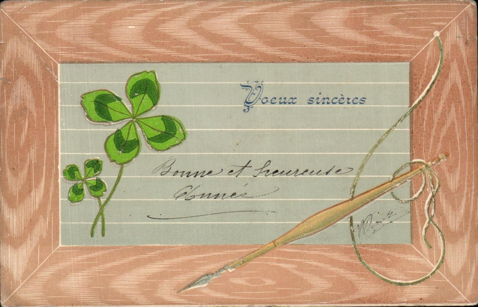 CPA Fantaisie Stylo Trefle Plume