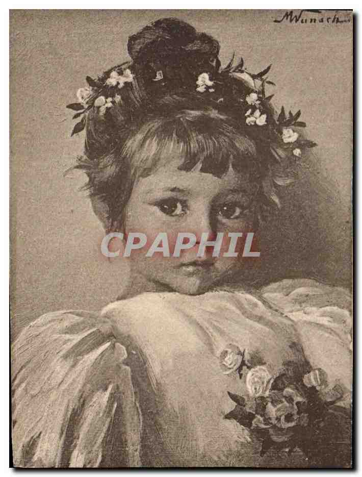Petite fille en robe à volants — couronne de fleurs — dessin de Munach