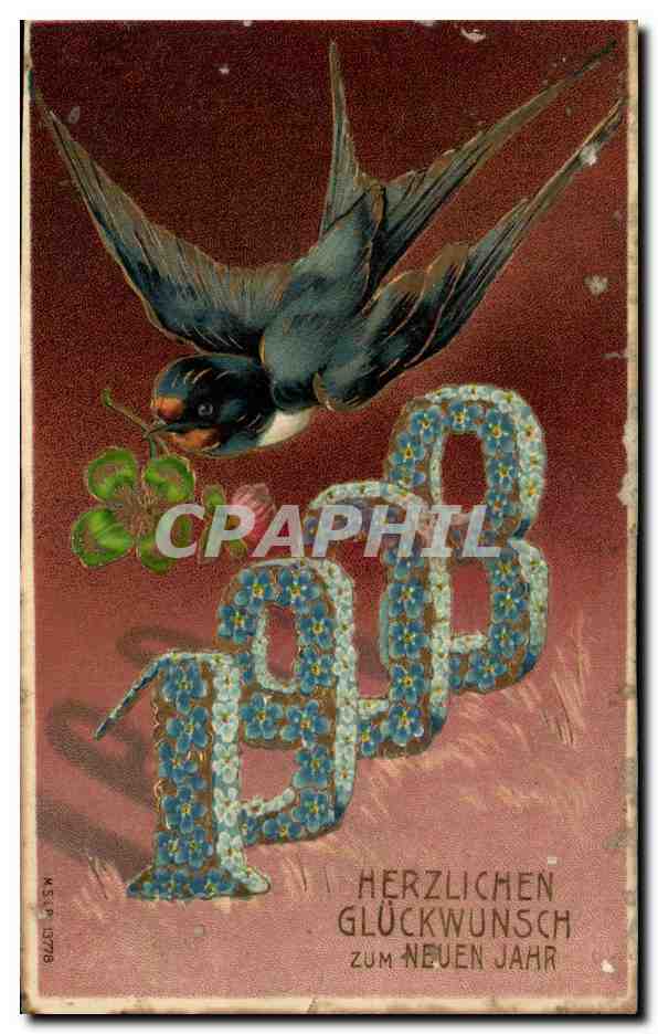 CPA Fantaisie Nouvel an 1908 Fleurs Hirondelle Trefle 