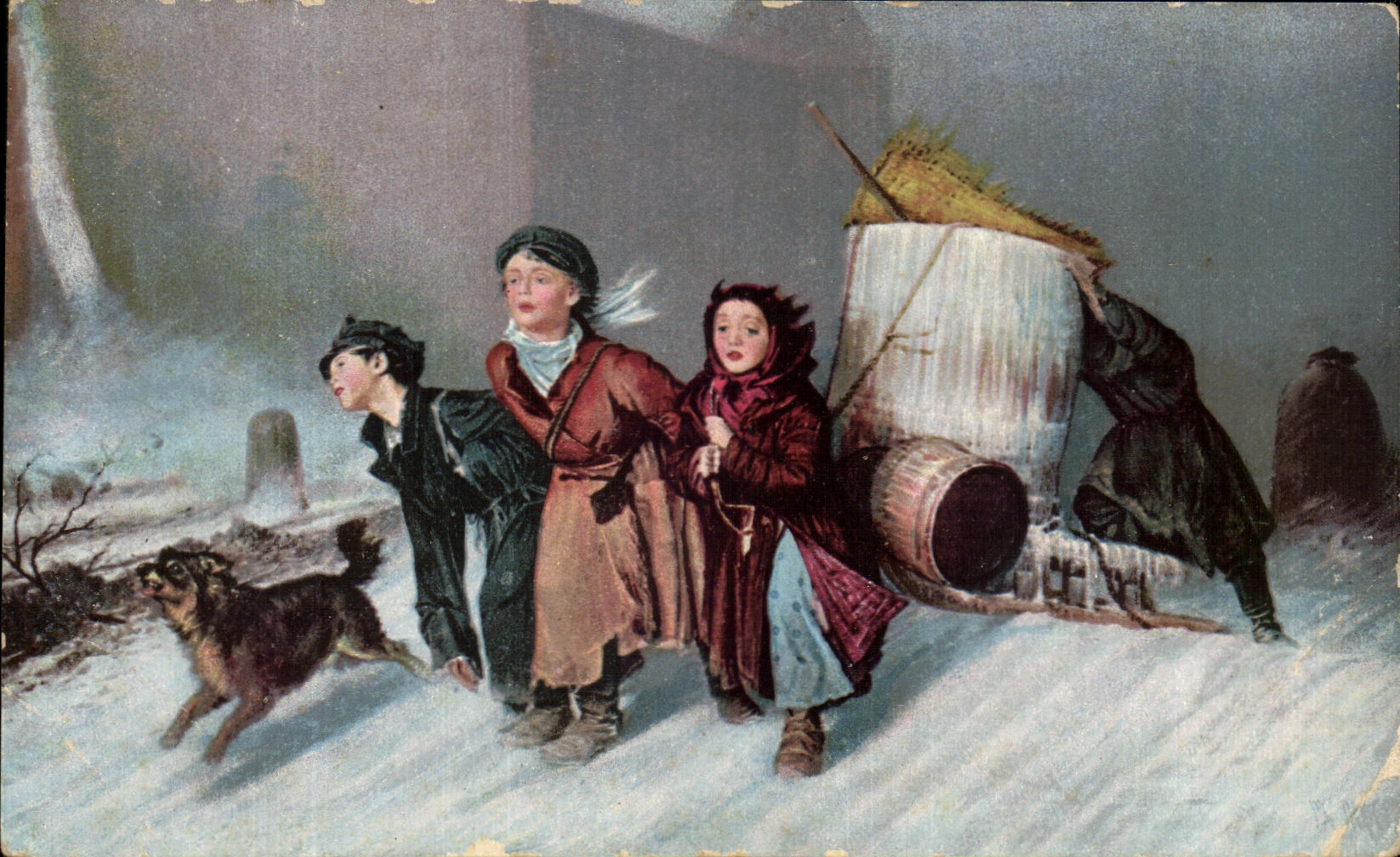 CPA Peroff Apprentis trainant un toneau d'eau Galerie Tretiakoff Russie 