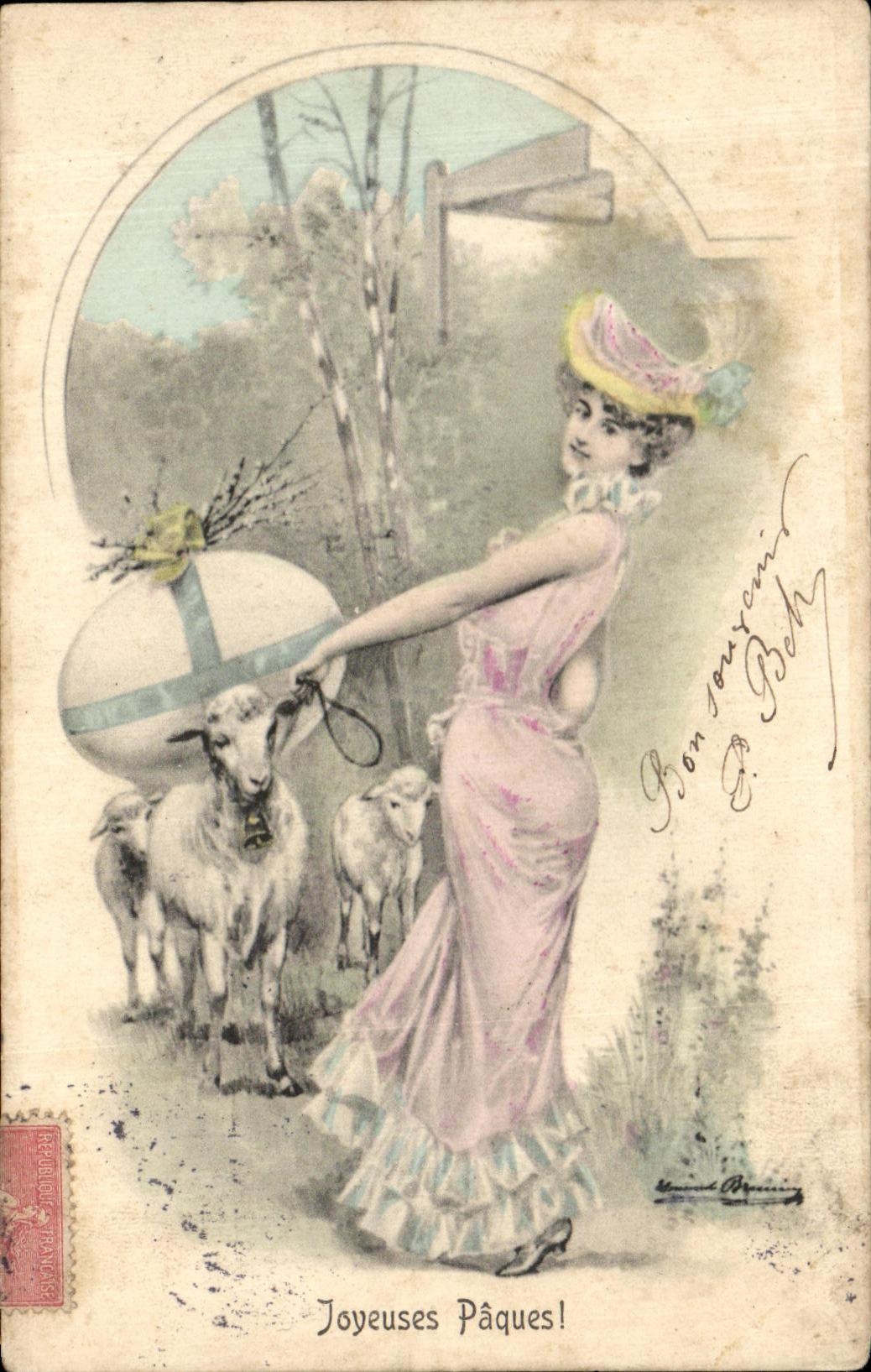 Femme en robe rose avec moutons — Pâques — Éditeur anonyme, n° de série non visible