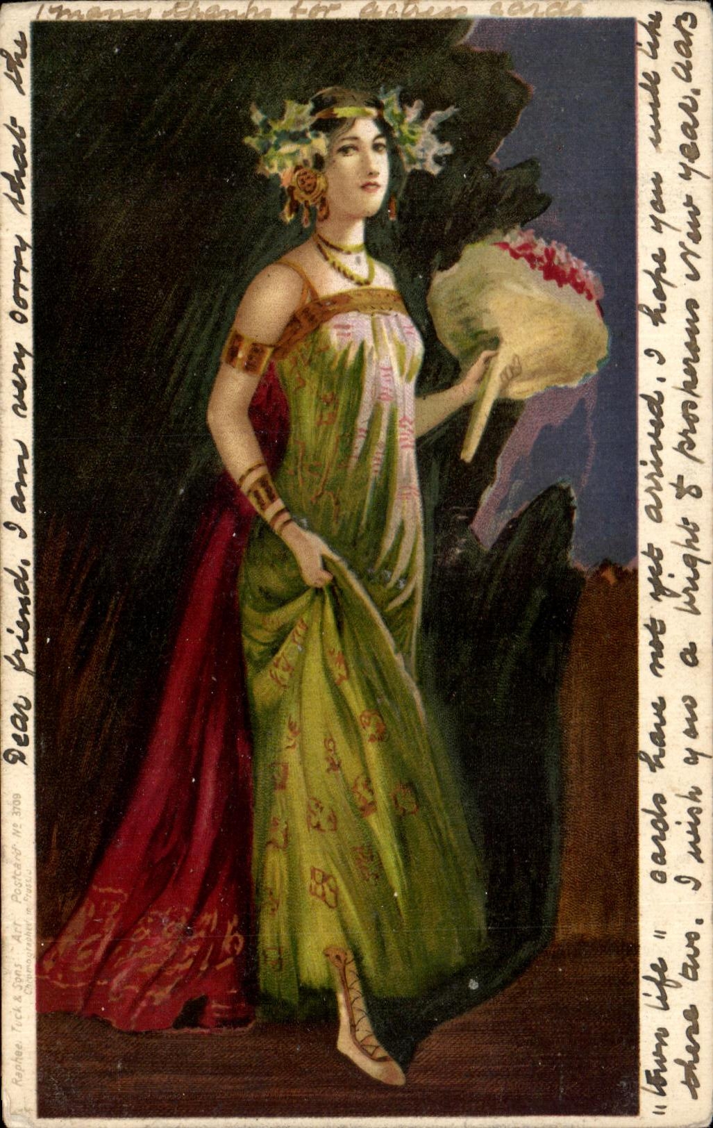 Femme en robe verte et rouge — éditeur Raphael Tuck & Sons — n° 309