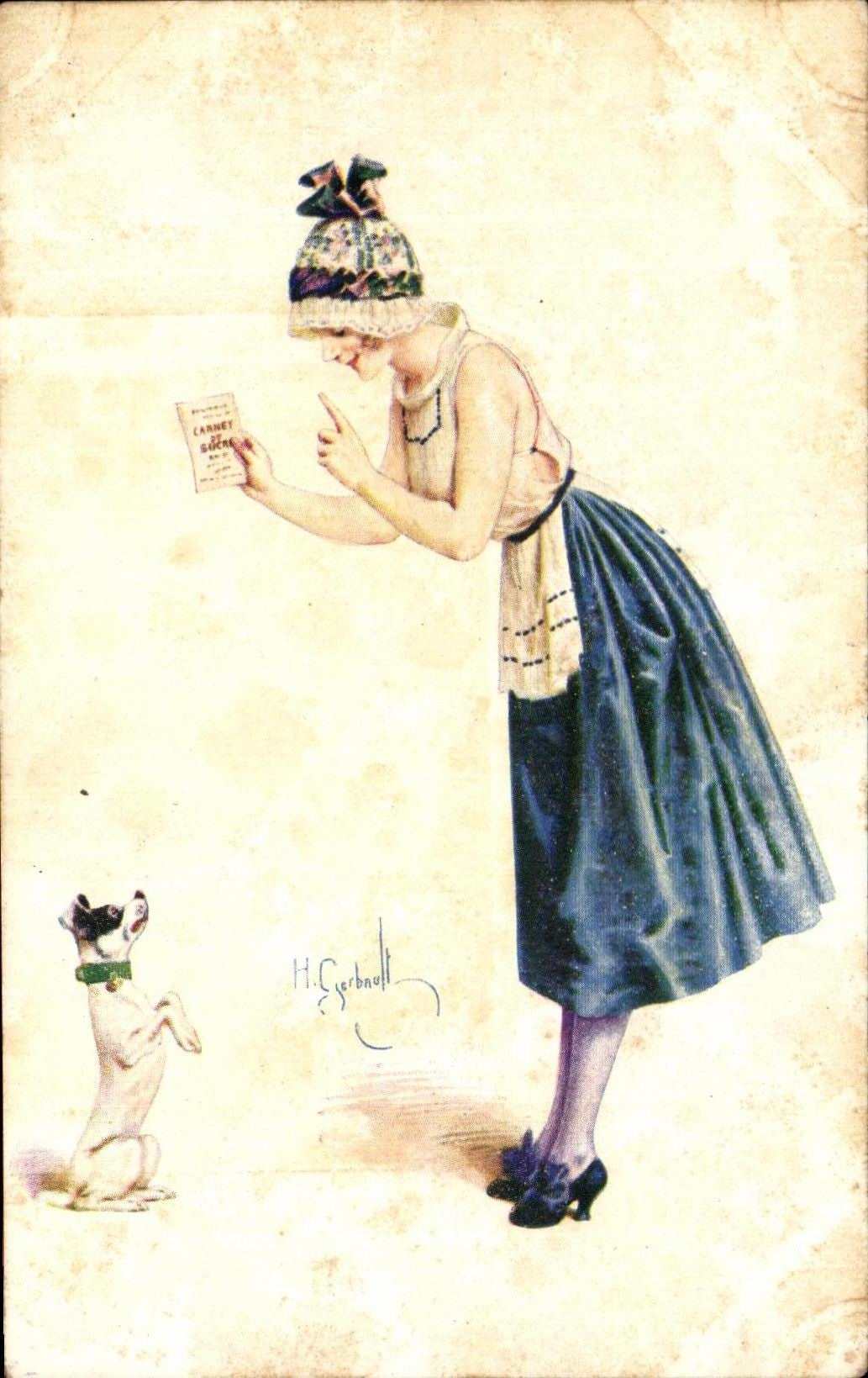 Femme et chien — publicité pour un carnet de sucre — H. Eyerbault