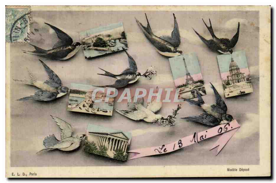CPA Fantaisie Paris Hirondelles Tour Eiffel Madeleine Invalides Notre Dame 