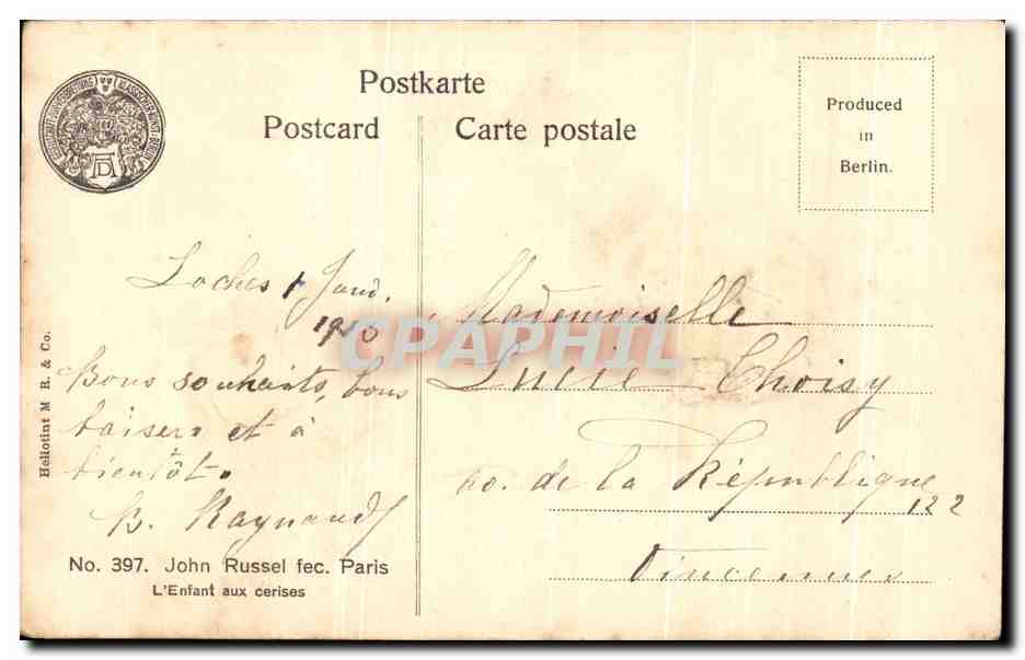 Enfant aux cerises — John Russel fec. Paris — No. 397 — éditeur Heliotin & M. B. & Co. — Verso