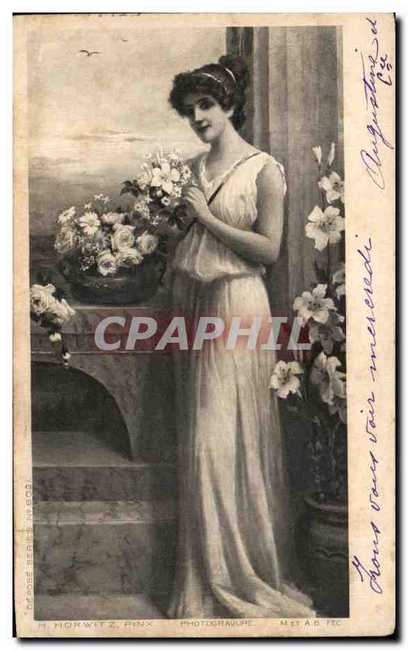 Jeune femme en robe longue — avec bouquet — H. Horwitz, Pinx, Photogravure, série N° 8021