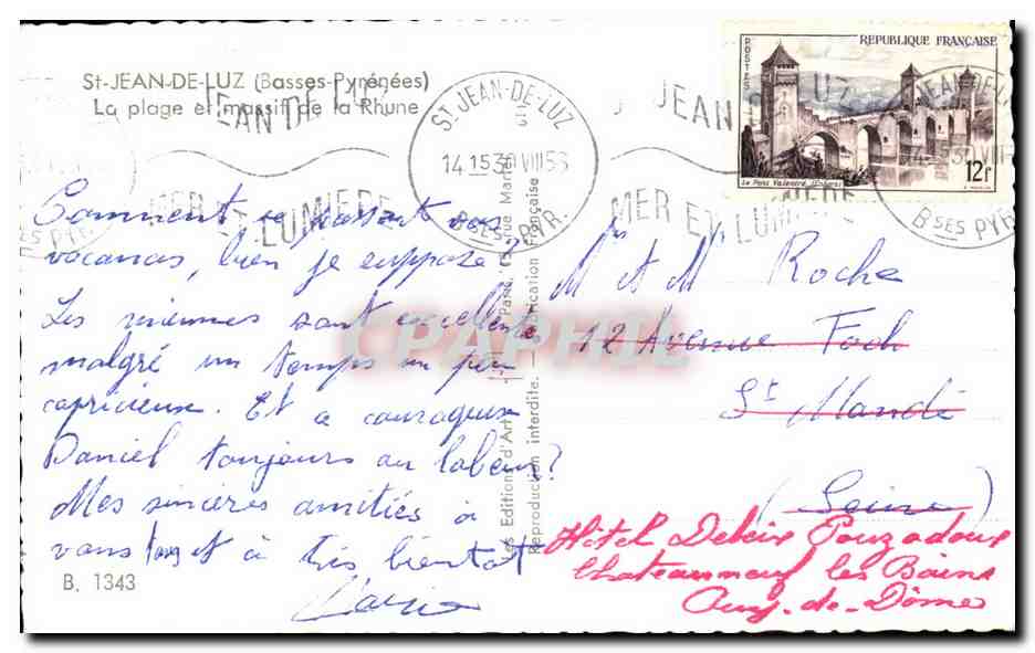 St-Jean-de-Luz — La plage et le massif des Pyrénées — Éditions de l'Hotel Debeir Foujadours — Rückseite