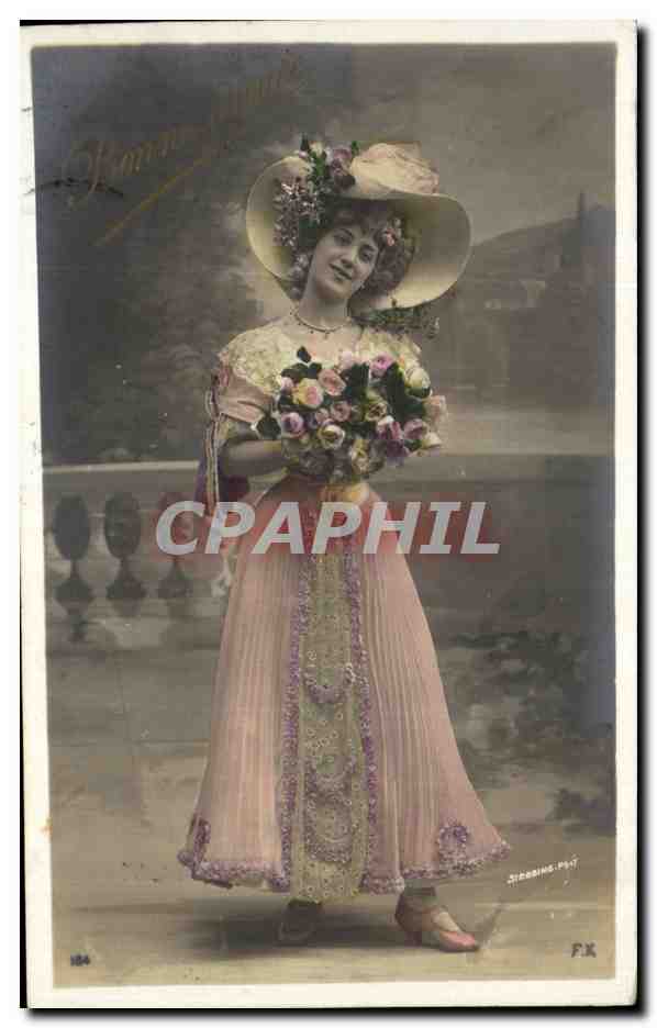 Femme en robe rose et chapeau fleuri — Kammer-Blume, série 186 — éditeur F.X.