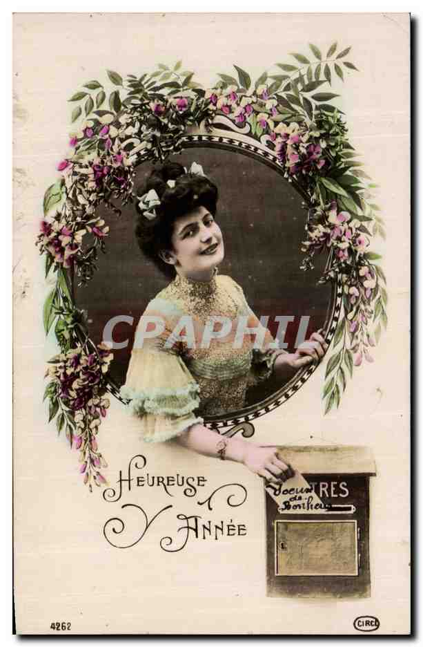 Femme souriante dans un cadre floral — 'Heureuse Année' — Jocques de Bonheur, n° 4262