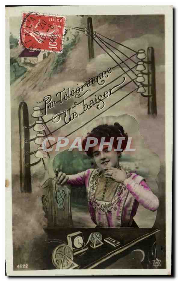 Femme à un poste télégraphique — 'Par Télégramme Un baiser' — éditeur inconnu, n° 4222