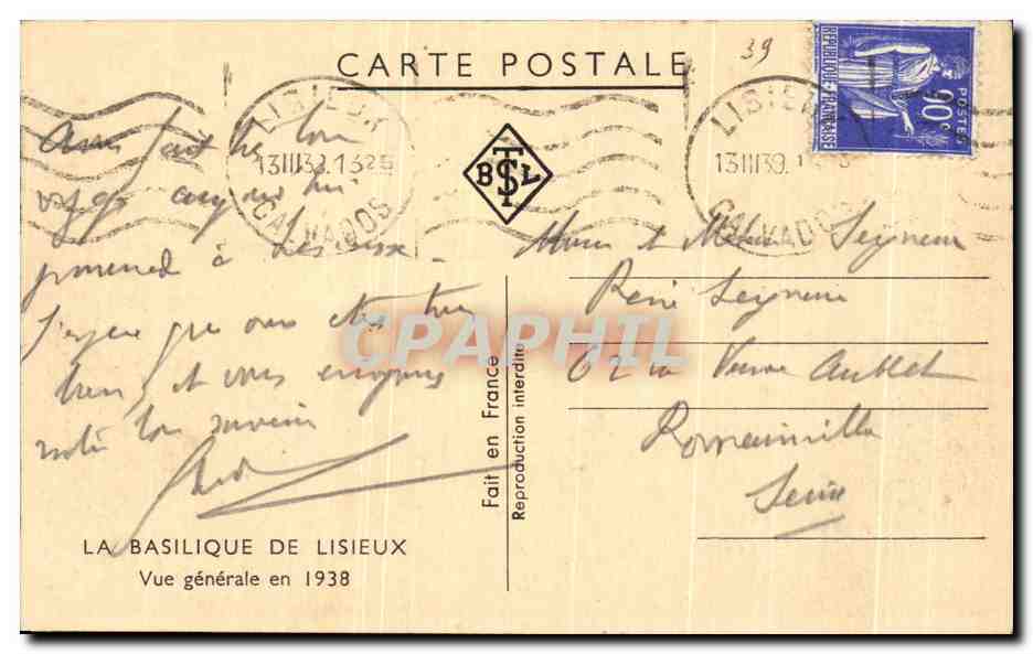 CPA La Basilique De lisieux Vue generale en 1938 — Rückseite