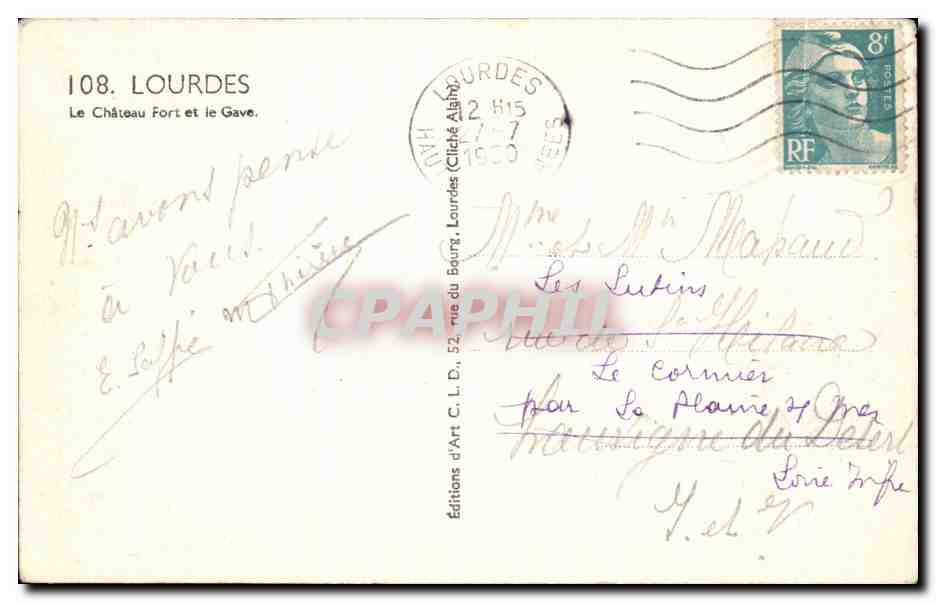 Lourdes — Le Château Fort et le Gave — Éditions d'Art d'Art C.L.D. n°108 — Verso