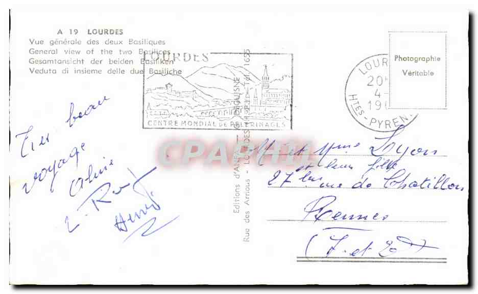CPSM Lourdes Vue Generale des deux Basilique  — Verso