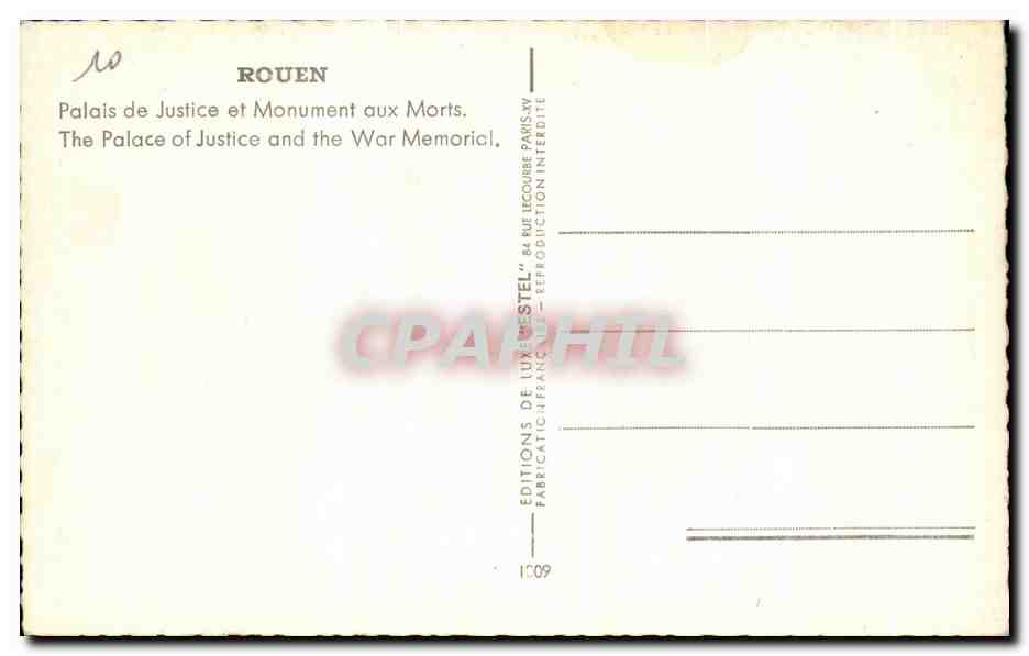 CPA Rouen Palais de Justice et Monument aux Morts — Verso
