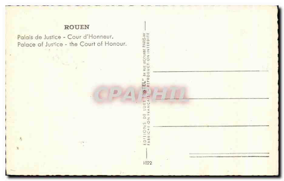 CPA Rouen Palais de Justice Cour d'Honneur — Verso