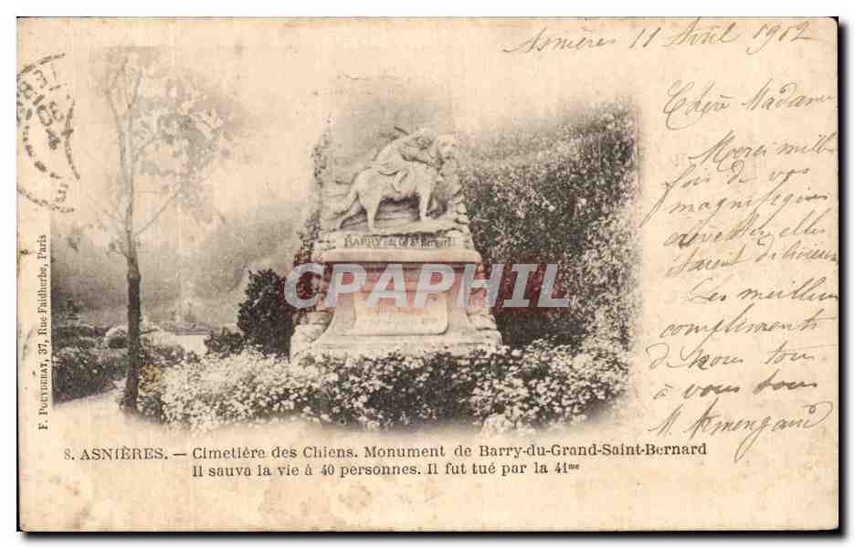 CPA Asnieres Cimetiere des Chiens Monument de Barry du Grand saint Bernard