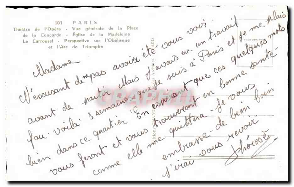 CPA Paris Theatre De l'Opera Vue Generale De La Place De La Concorde Eglise De La Madeleine La Carrousel — Rückseite