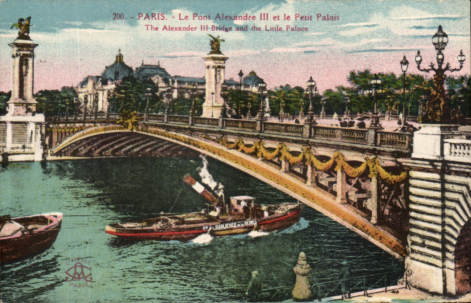 CPA Paris Le Pont Alexandre III Et Le Petit Palais Peniche Bateau Sablieres de la Seine 