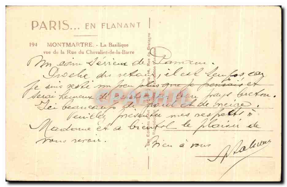 CPA Paris En Flanant Montmartre La Basilique Vue De La Rue Du Chevalier De La Barre — Rückseite