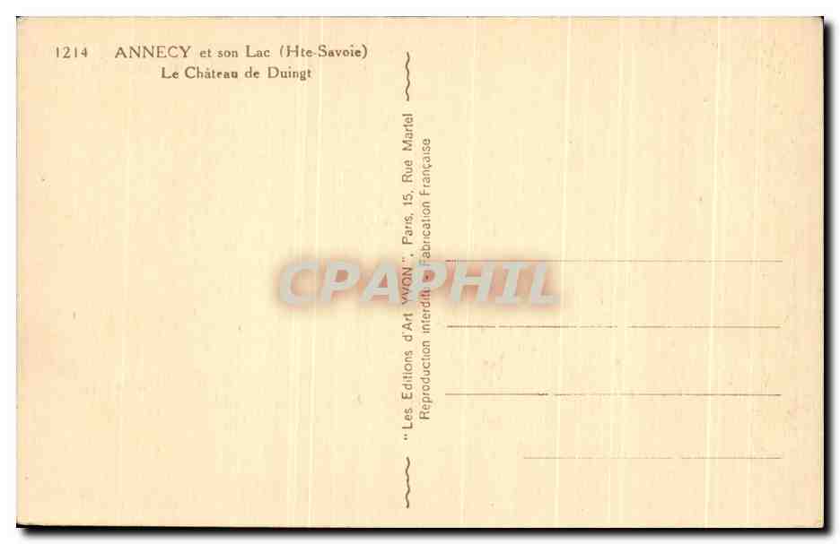 Le Château de Duingt — Annecy et son Lac (Haute-Savoie) — Les Éditions d'Art WONY, Paris — Verso
