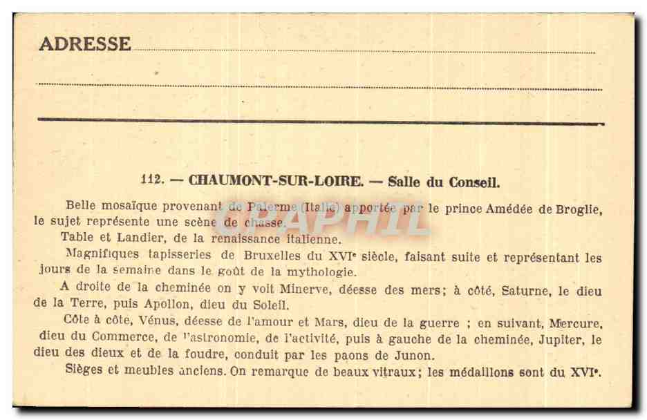 Château de Chaumont-sur-Loire — Salle du Conseil, de l'époque de Louis XII — Édition A. Sinon, n° 112 — Rückseite