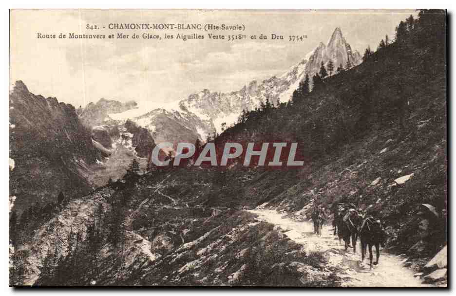 CPA Chamonix Mont Blanc Route de Montenvers et Mer de Glace les Aiguilles Verte et du Dru 