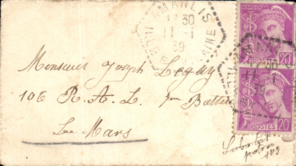 Petite lettre timbres mercure 20c de Amanlis 1939