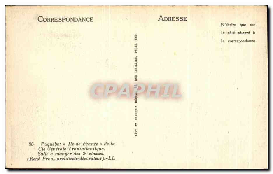 CPA Paquebot Ile de France de la Cie Generale Transatlantique — Rückseite