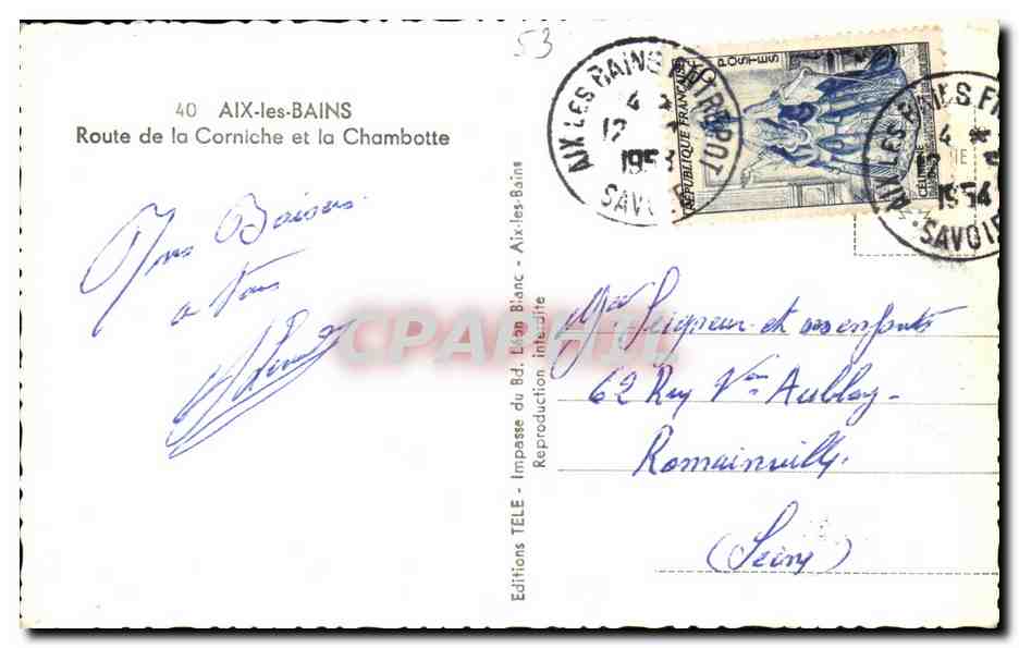 CPA Aix Les Bains route De La Corniche Et Le Chambotte — Verso